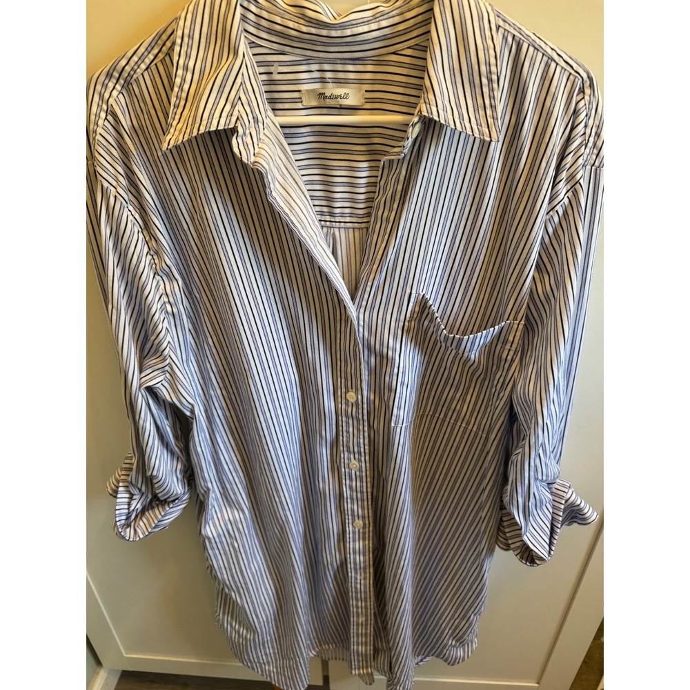 Madewell Womens XXL Striped Oversized Button Down Shirt Blue Black White Pockets